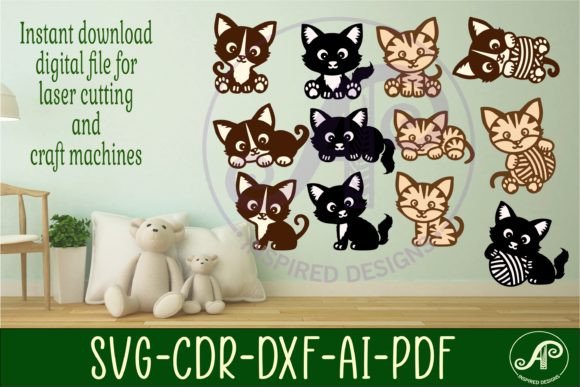 Cute Cat Laser Cut File Shapes: 3 Cats I Digital Design